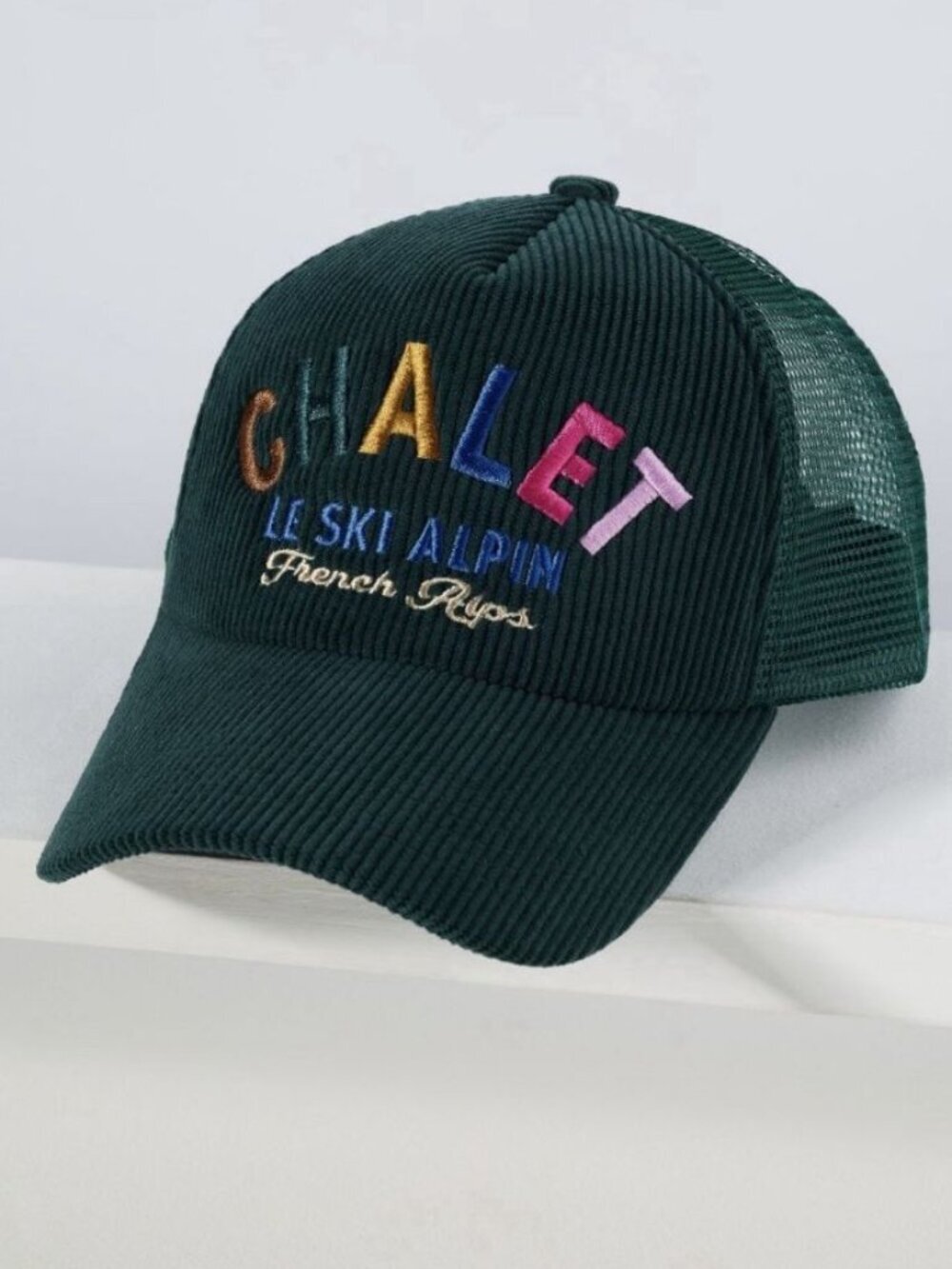 Anthropologie Apres Ski French Alps Corduroy Trucker Hat Green Mesh Snapback Cap